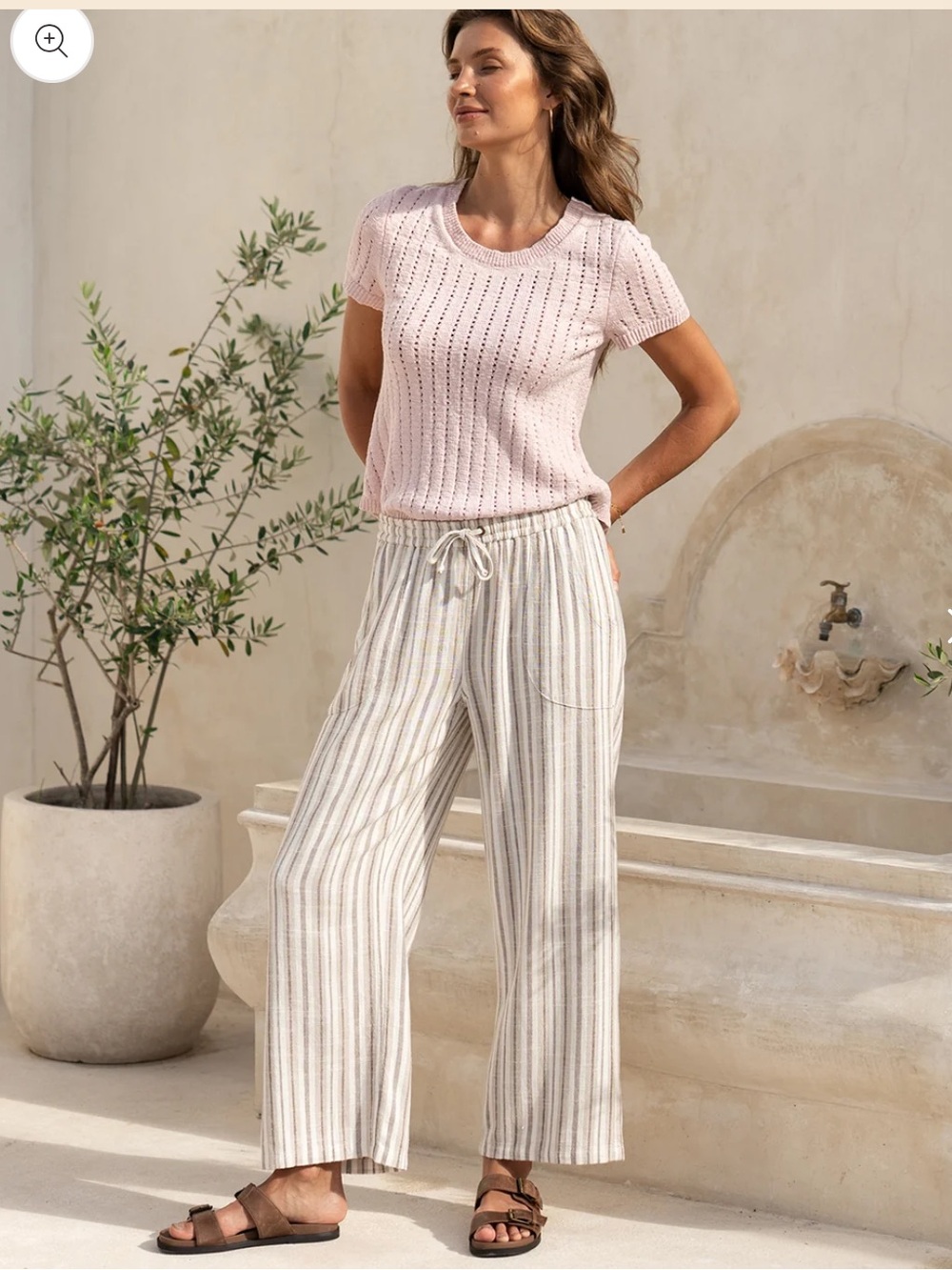 NOMAD Jolie Linen Blend Wide-Leg Pants in Driftwood Stripe Small
